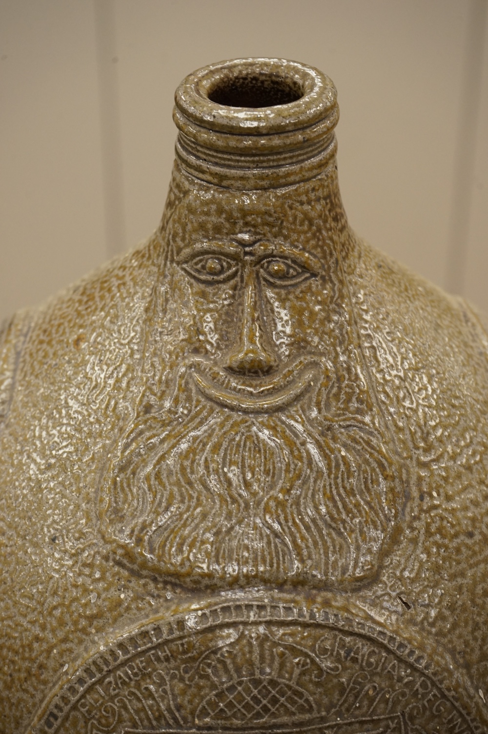 An Elizabeth II coronation commemorative large bellarmine style studio pottery jug, 32cm